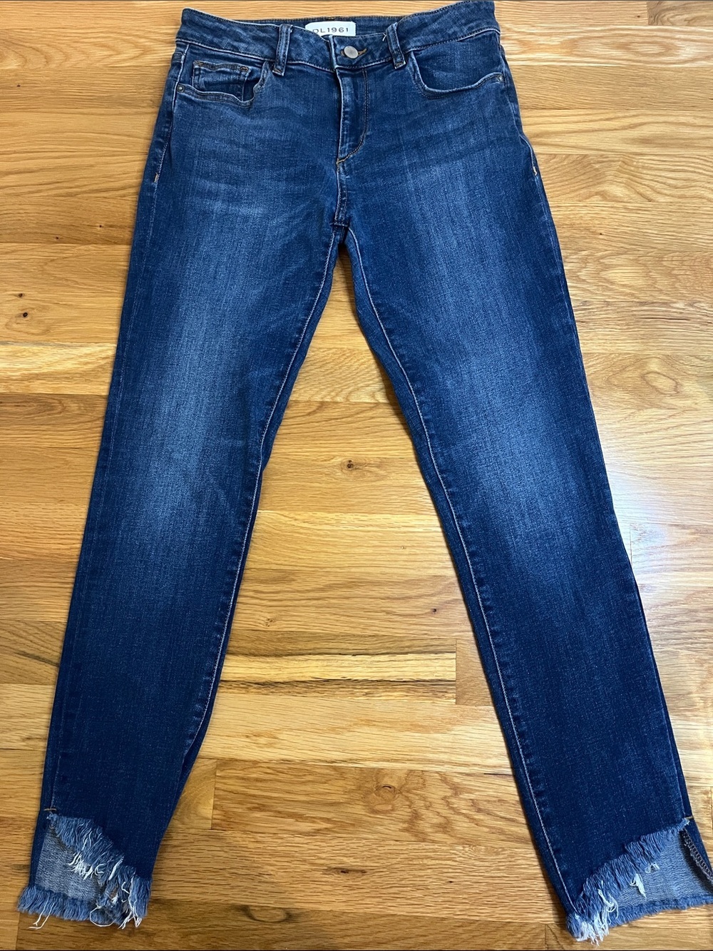 DL1961 Dark Blue Frayed Ankle Slim Jeans